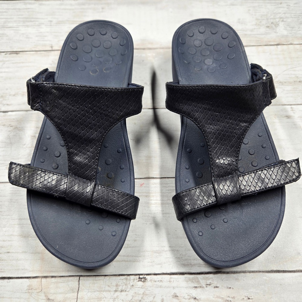 Vionic‎ Ellie Slide Sandals Women 8 Wide Navy Blue Snake Print Leather Wedge